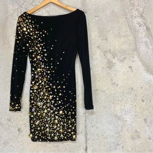 Vintage 90s bodycon black dress metallic gold sparkles xs xxs